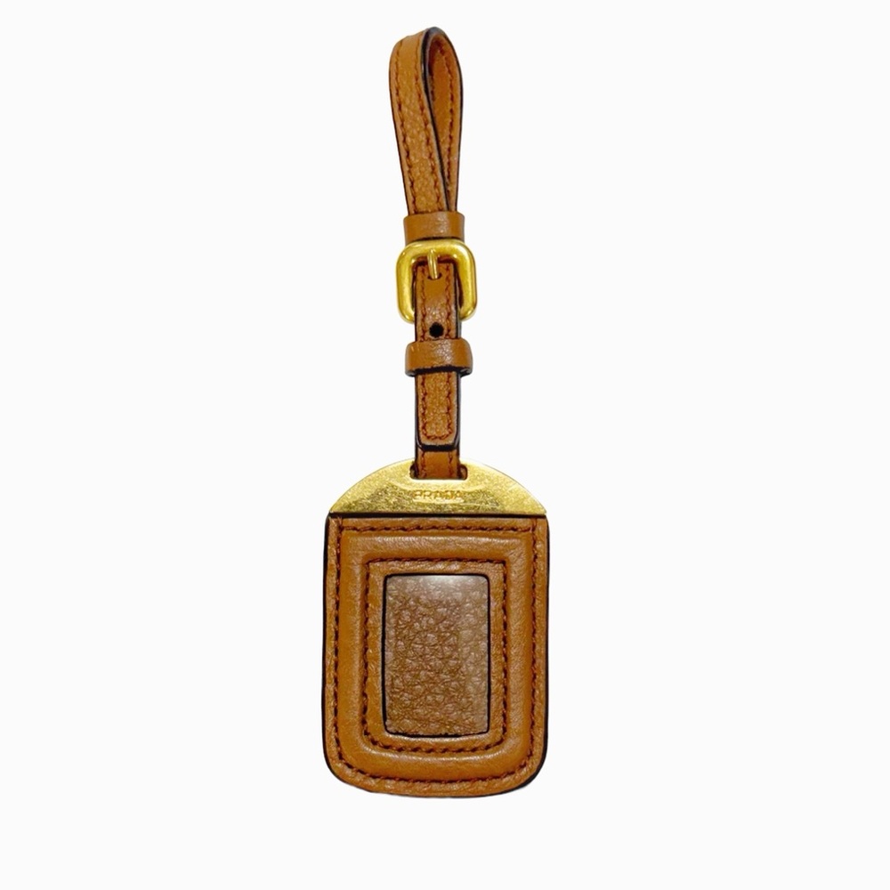 Prada Tan Pebbled Leather Luggage Tag for Keychain or Bag with Gold Metal Detail